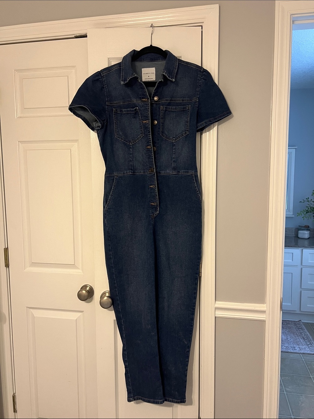 Celebrity Pink Dark Blue Denim Short-Sleeve Jumpsuit